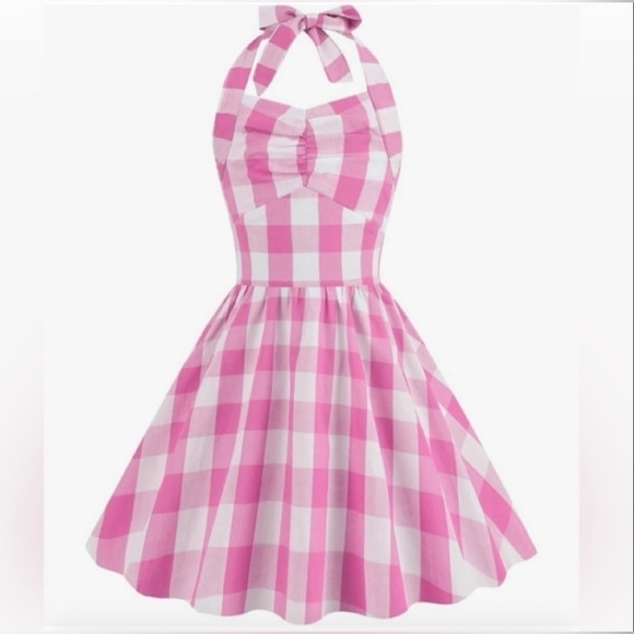 Other - Gingham Girls Dress 50s Halter Gingham
Dress SZ 4-5T Pink White ACCESSORY BONUS